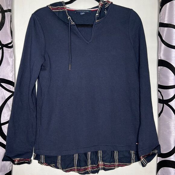 Tommy Hilfiger Womens Layered Plaid Comfy Hoodie Navy Blue Size Small - Picture 1 of 11